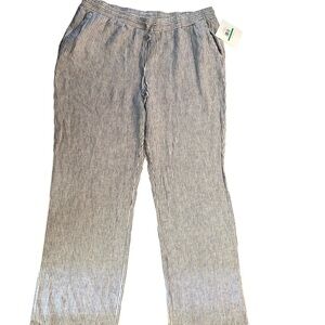Ellen Tracy Linen Beach Pant Sz. L Wide Leg Marna Blue Striped  Casual Pockets